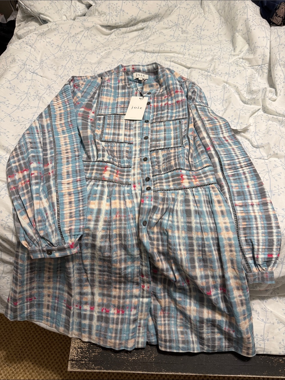 Joie Light Blue Plaid Button-Down Shirt with Subtle Pink Accents